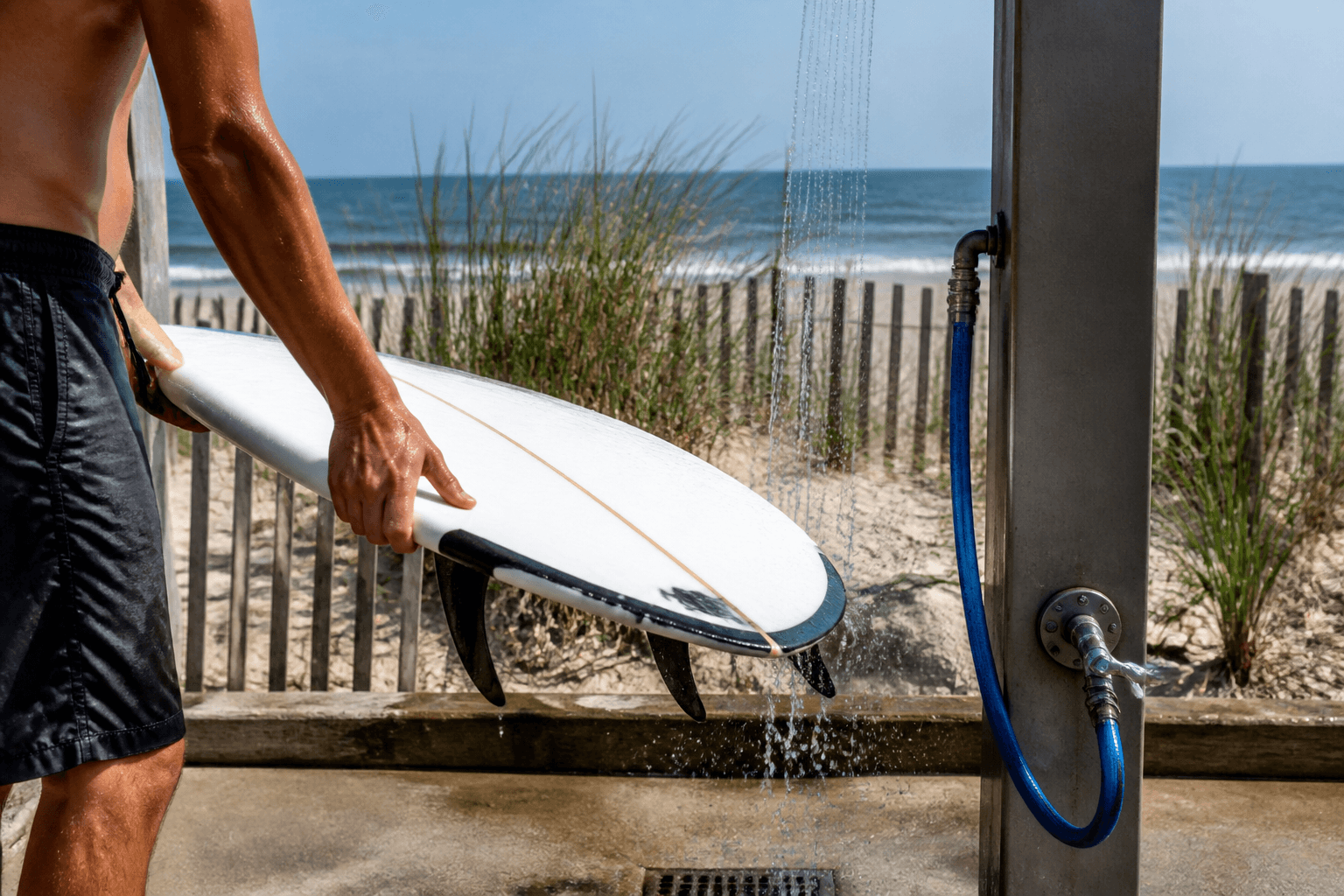 Ocean City surfboard rinse plan: clear the sand before the car — Beach Blog photo, Ocean City, Maryland