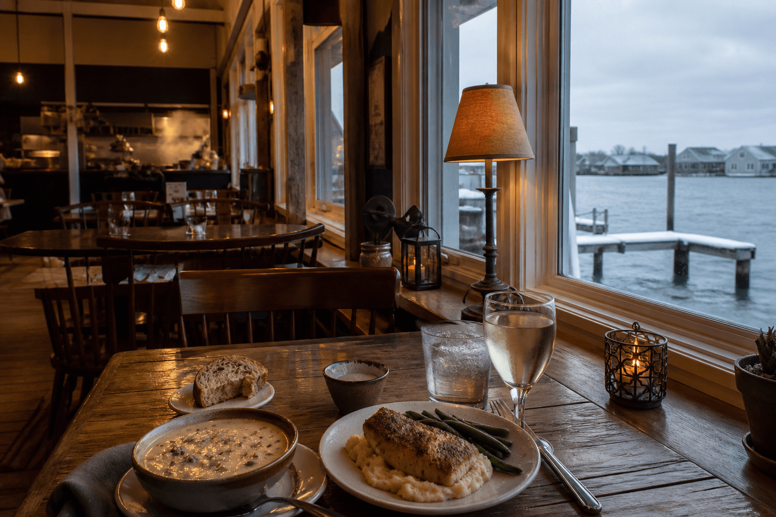 Cozy winter restaurant near Ocean City Maryland: warm interior light against a gray waterfront window — Beach Blog photo