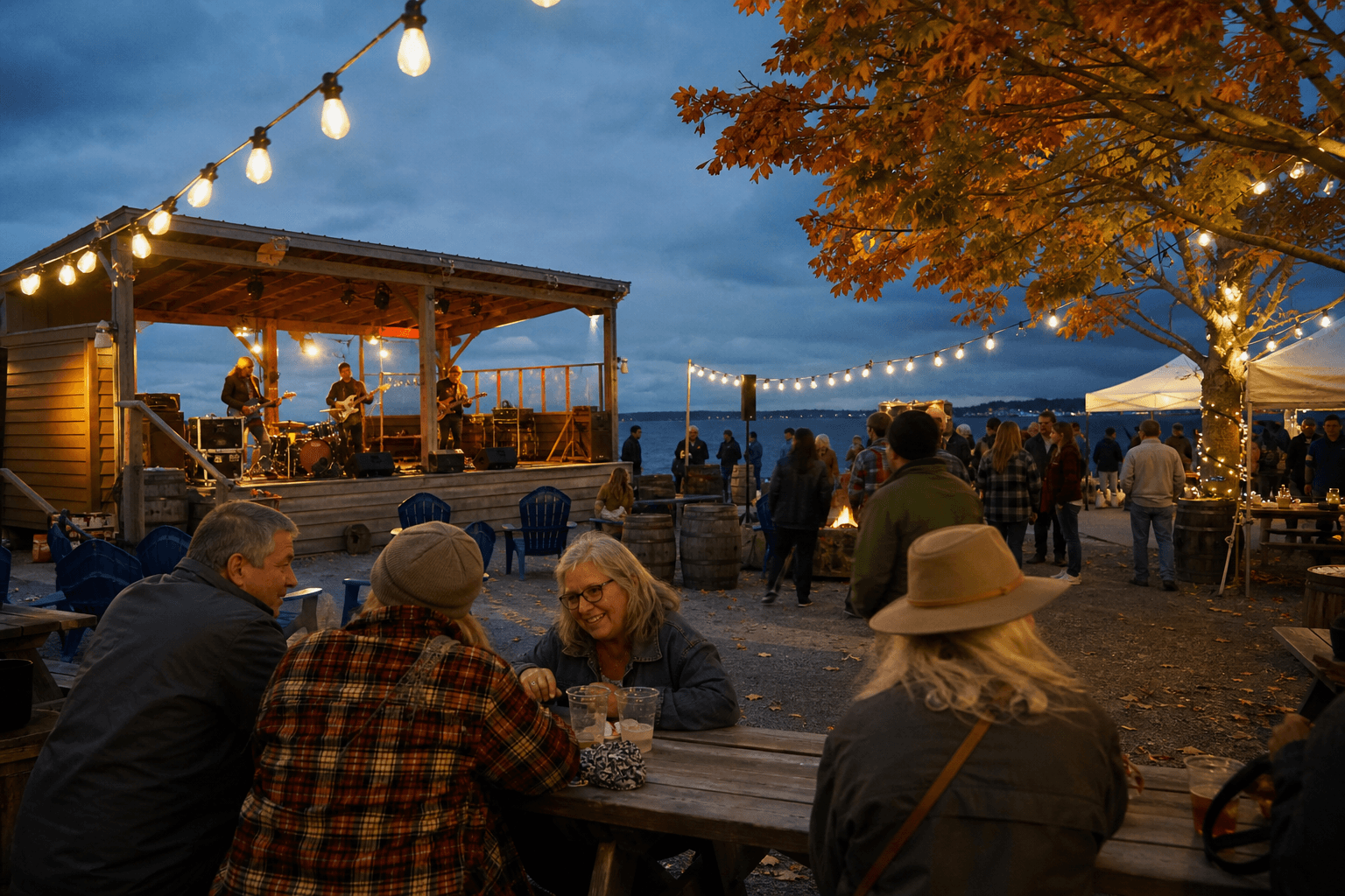 Fall festival glow at a bayside Ocean City beer-and-band weekend with string lights and cool evening air — Beach Blog photo, Ocean City, Maryland
