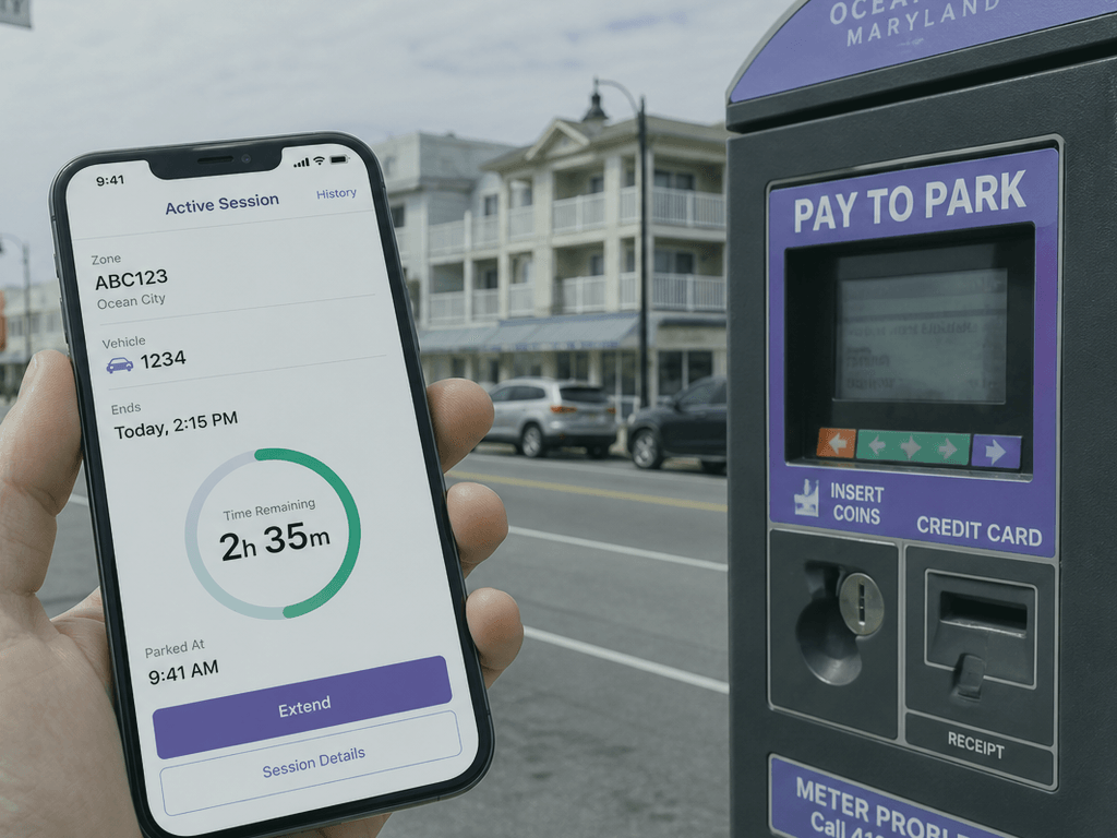 Parking app screenshot before the meter runs — supporting Beach Blog photo, Ocean City, Maryland