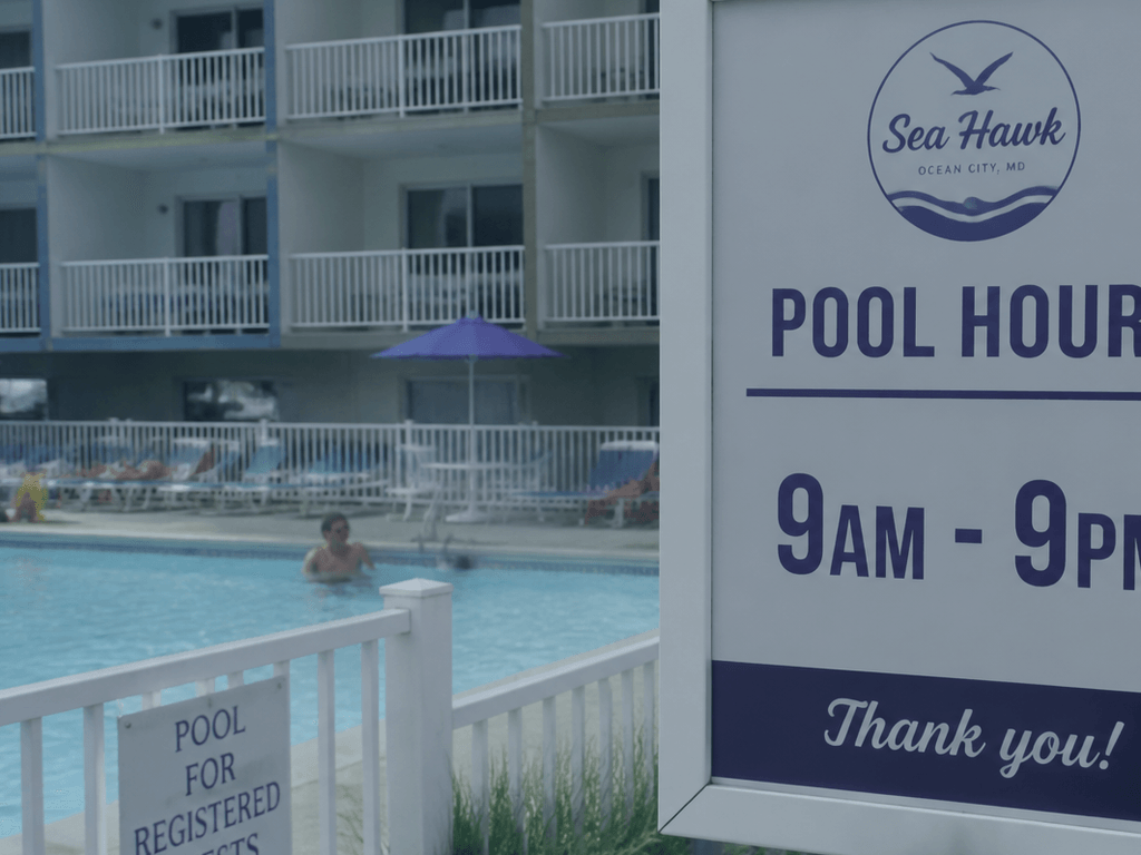 Pool hours sign: photograph it before the argument — supporting Beach Blog photo, Ocean City, Maryland