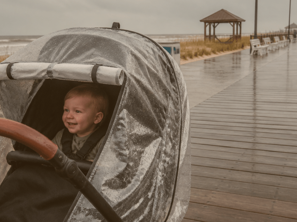 Stroller rain cover vents: fog means open a gap — supporting Beach Blog photo, Ocean City, Maryland