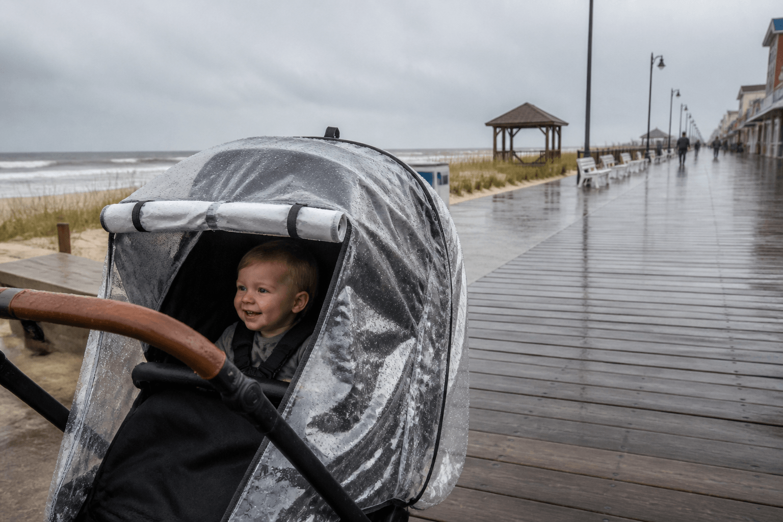 Stroller rain cover vents: fog means open a gap — Beach Blog photo, Ocean City, Maryland