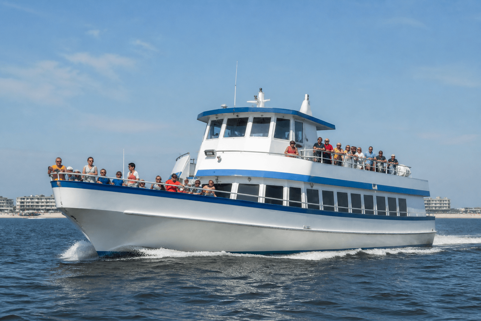 Sightseeing cruise boat passing a rental pontoon on Assawoman Bay with the Ocean City skyline behind both