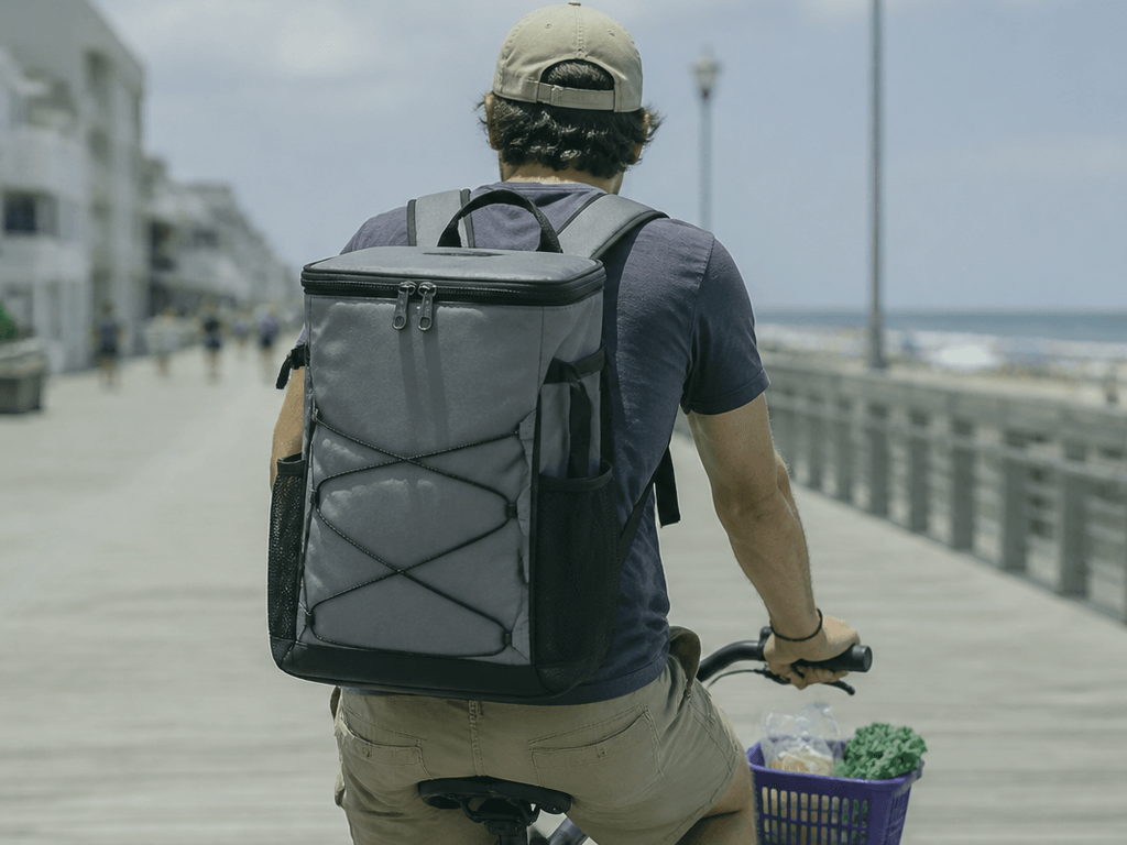 Soft cooler backpack for bike grocery runs — supporting Beach Blog photo, Ocean City, Maryland