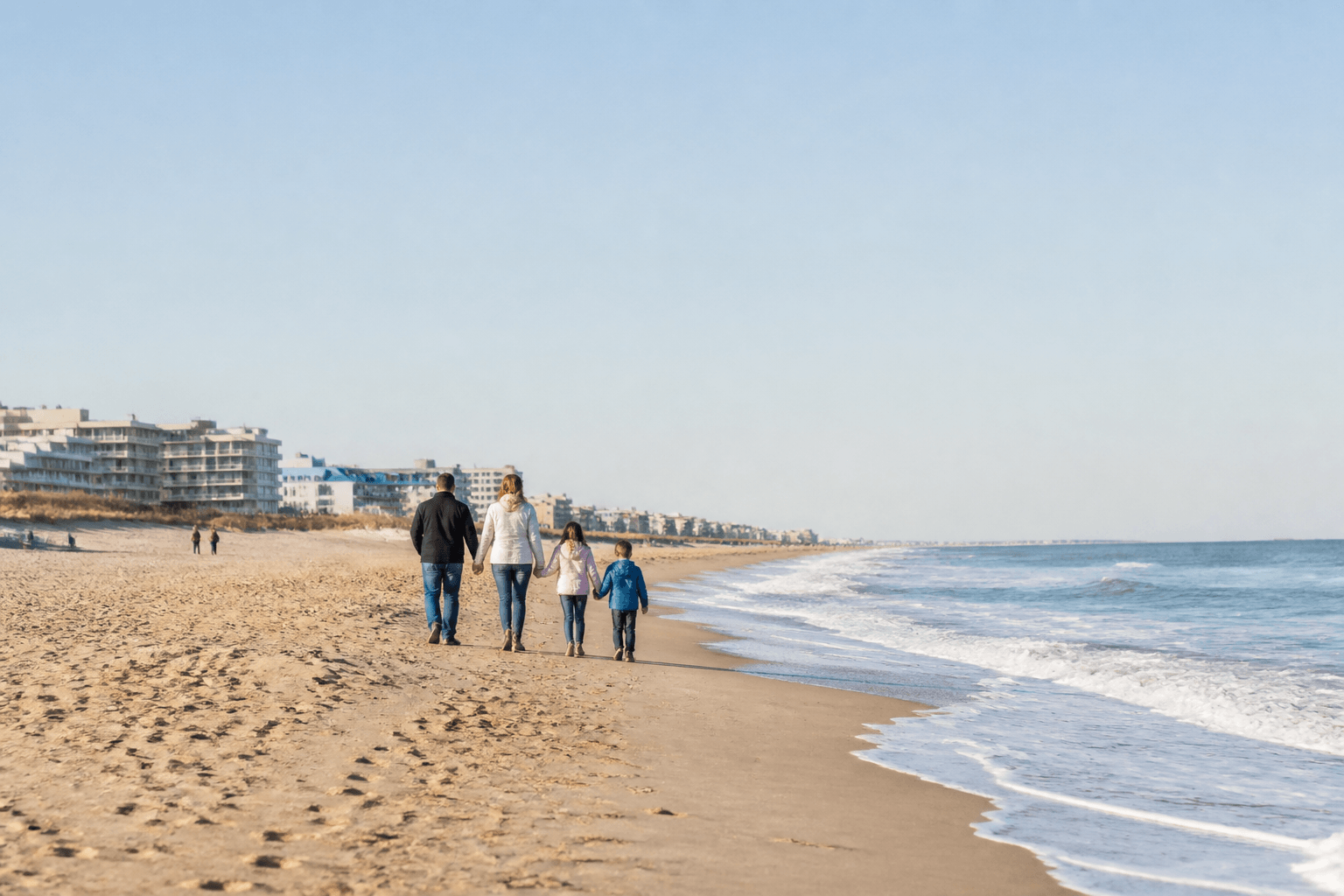 Family walking a quieter Ocean City beach in soft spring light between busy break weeks — Beach Blog photo, Ocean City, Maryland
