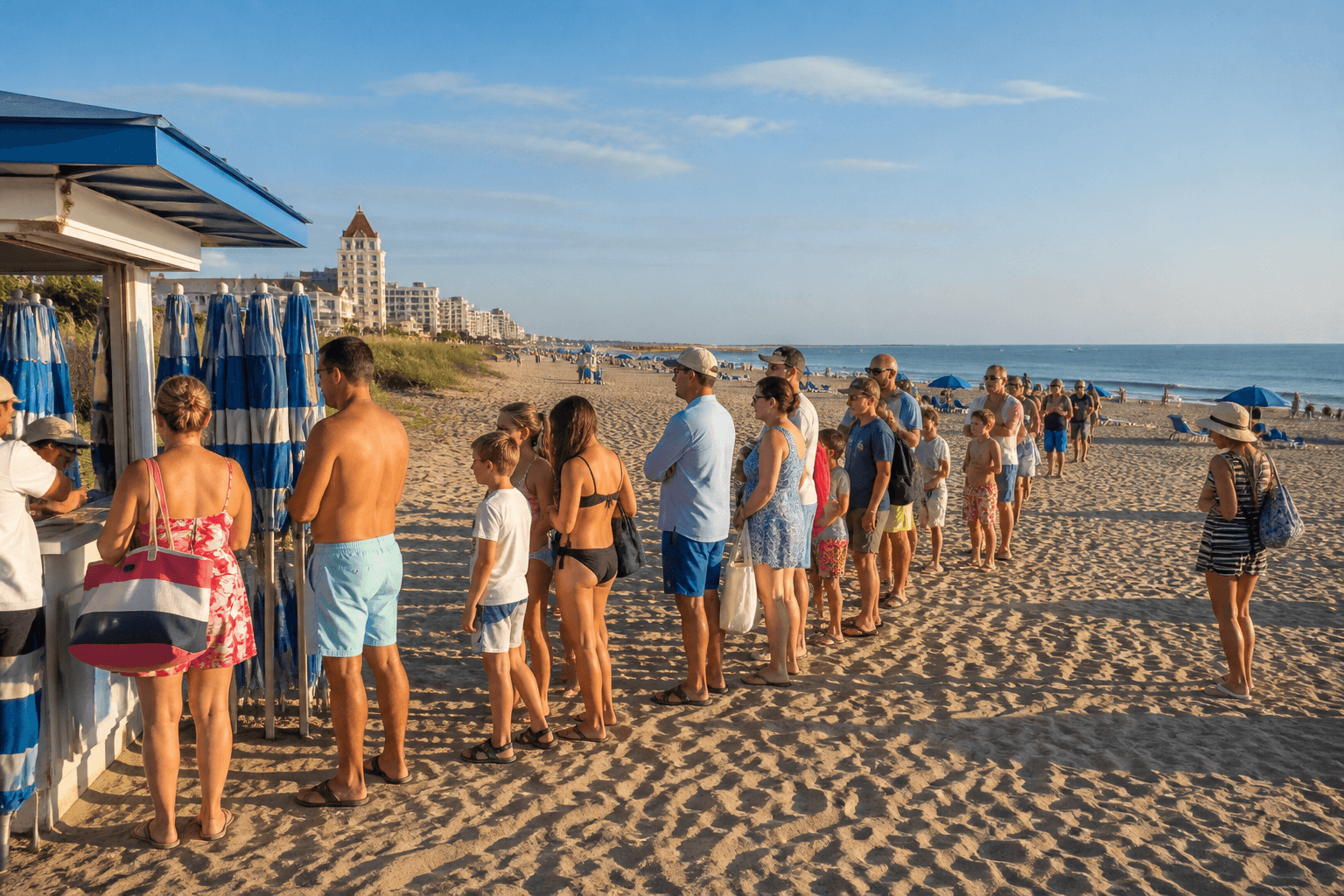 Umbrella rental line timing: early bird gets the shade geometry — Beach Blog photo, Ocean City, Maryland
