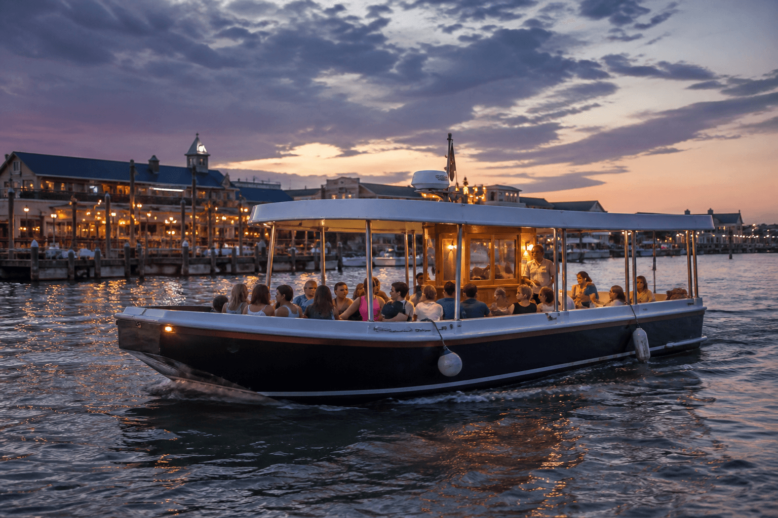 Water taxi approaching a bay-side dock at dusk with Ocean City boardwalk lights in the distance