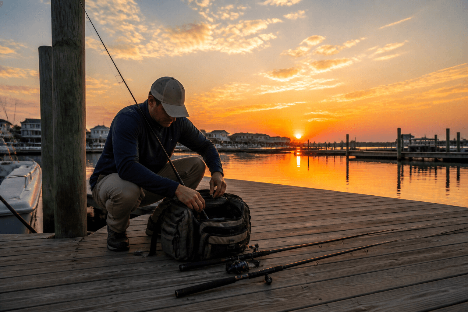 West Ocean City marina at dawn with fishing boat and tide moving through the channel