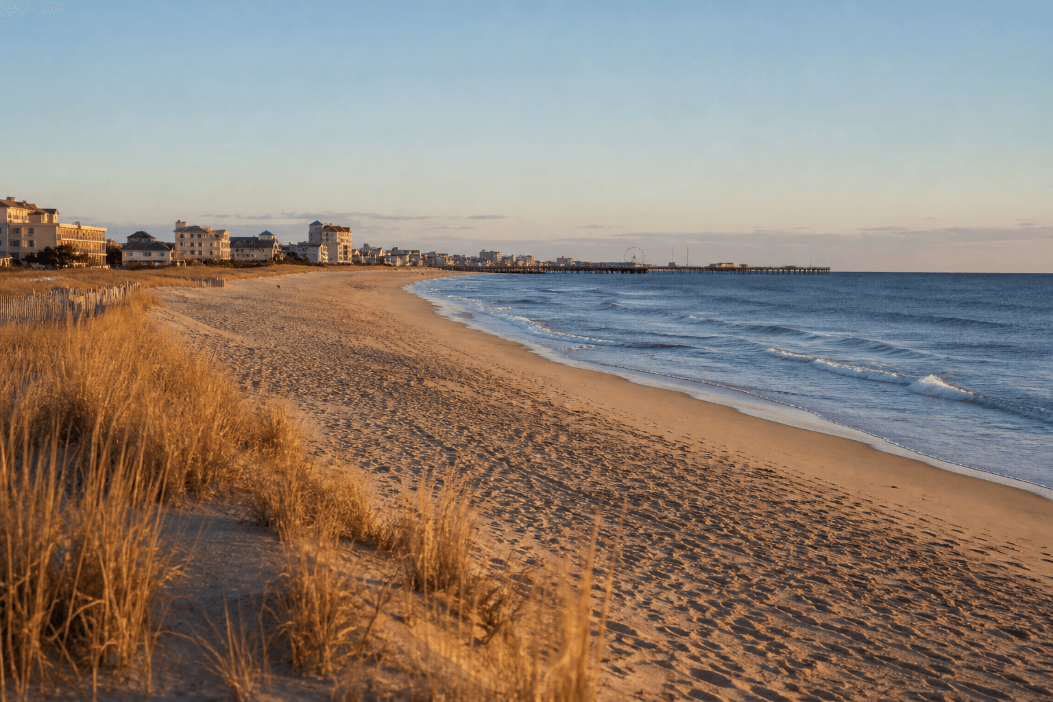 Soft spring morning light over a quiet Ocean City beach and waking Boardwalk — Beach Blog photo, Ocean City, Maryland